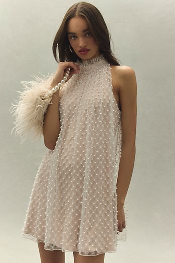 Tadashi Shoji Milena Allover Pearl Halter Mini Dress