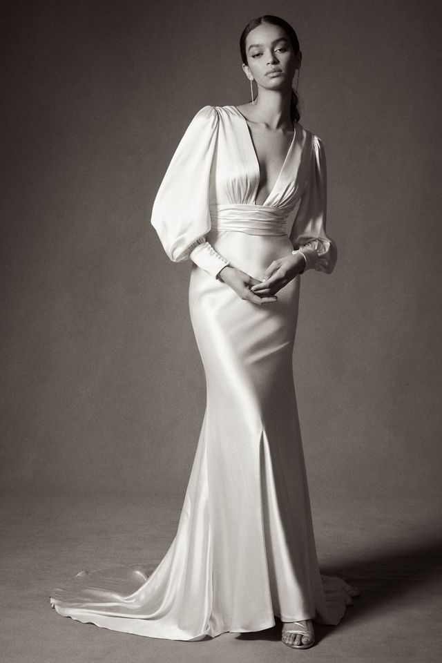 Watters Clara Plunge V-Neckline Puff-Sleeve Bias-Cut Charmeuse Wedding Gown #4