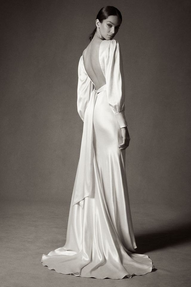 Watters Clara Plunge V-Neckline Puff-Sleeve Bias-Cut Charmeuse Wedding Gown #5