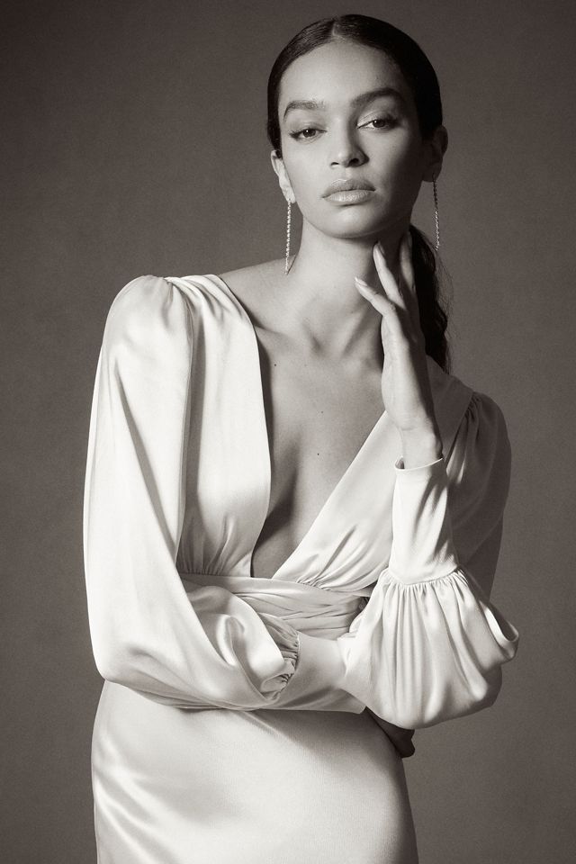 Watters Clara Plunge V-Neckline Puff-Sleeve Bias-Cut Charmeuse Wedding Gown #6