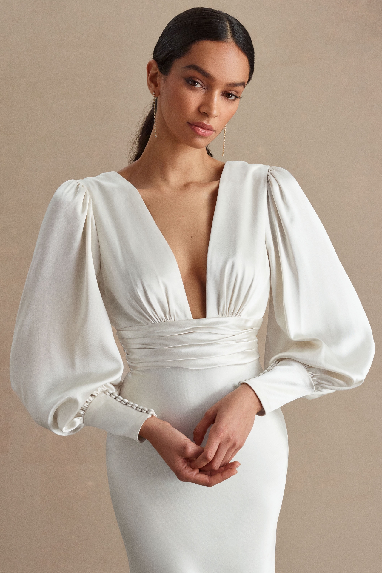 Watters Clara Plunge V-Neckline Puff-Sleeve Bias-Cut Charmeuse Wedding Gown