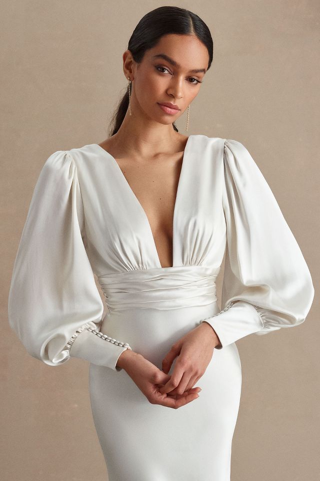 Watters Clara Plunge V-Neckline Puff-Sleeve Bias-Cut Charmeuse Wedding ...