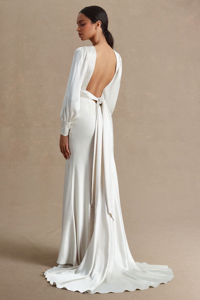 Watters Clara Plunge V-Neckline Puff-Sleeve Bias-Cut Charmeuse Wedding Gown #2