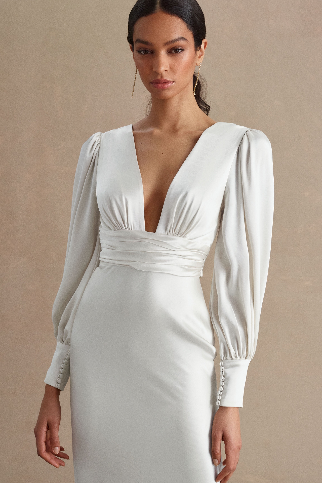 Watters Clara Plunge V-Neckline Puff-Sleeve Bias-Cut Charmeuse Wedding Gown