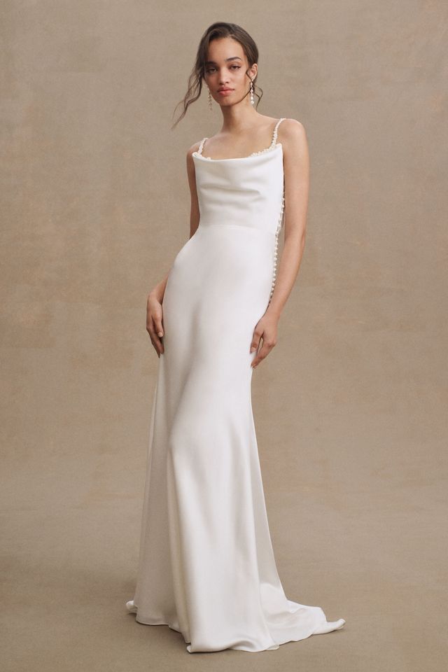 Watters Garance Cowl-Neck Satin Sheath Wedding Gown #1