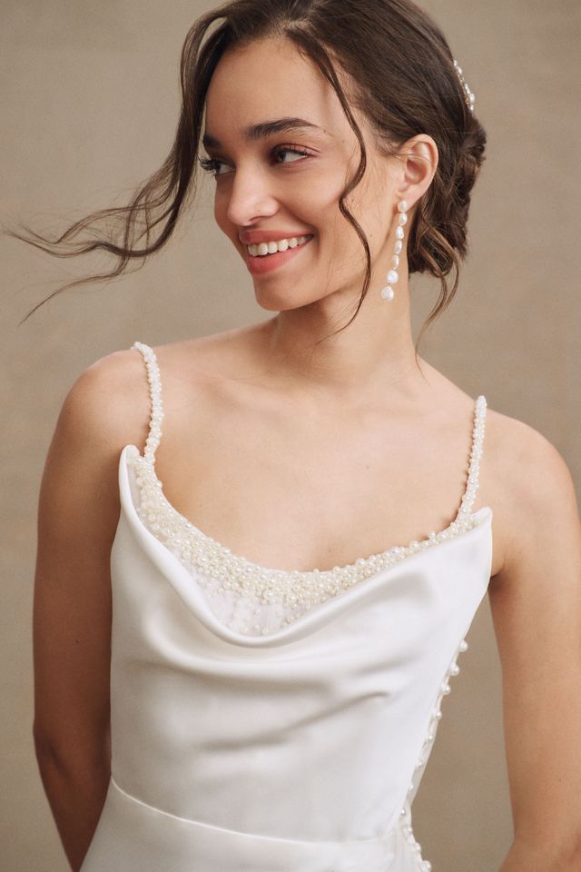 Watters Garance Cowl-Neck Satin Sheath Wedding Gown #3