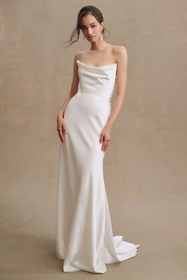 Watters Garance Cowl-Neck Satin Sheath Wedding Gown #4