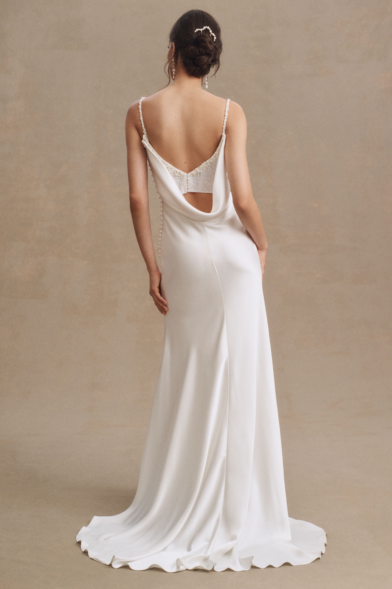 Watters Garance Cowl-Neck Satin Sheath Wedding Gown