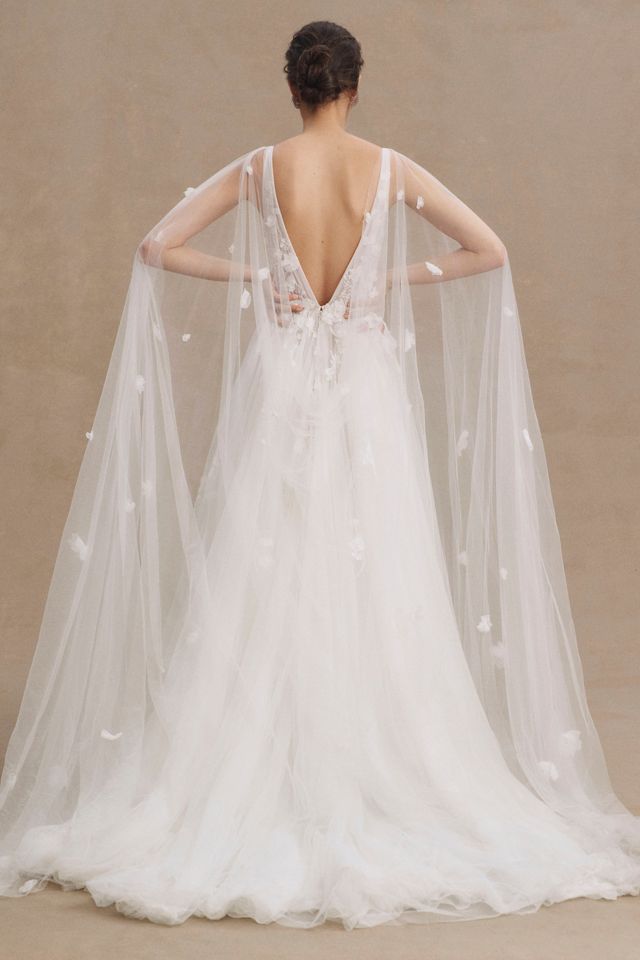 Watters Calia Plunge V-Neck Floral Tulle Ball-Skirt Wedding Gown #1