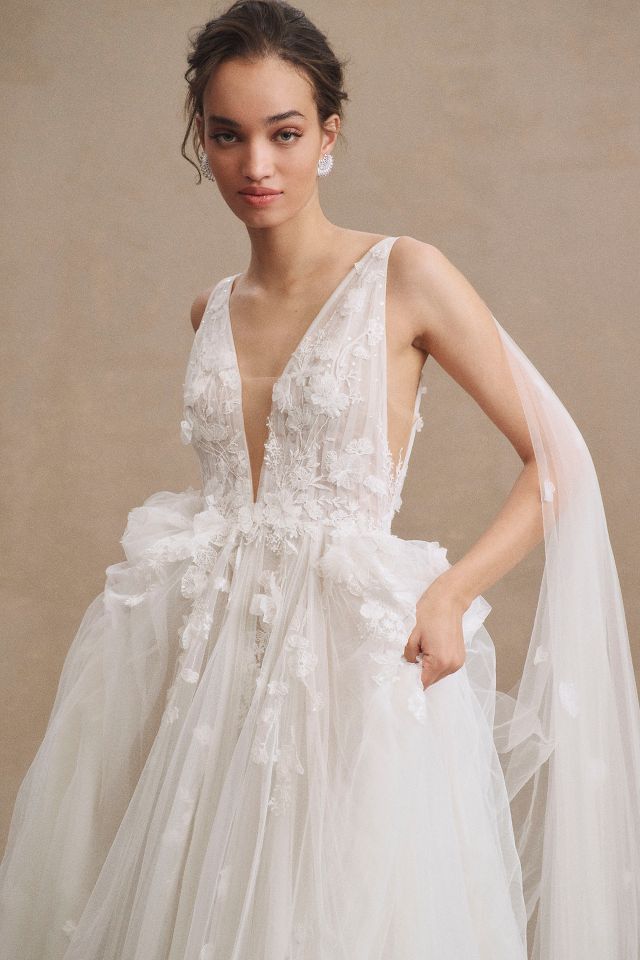 Watters Calia Plunge V Neck Floral Tulle Ball Skirt Wedding Gown