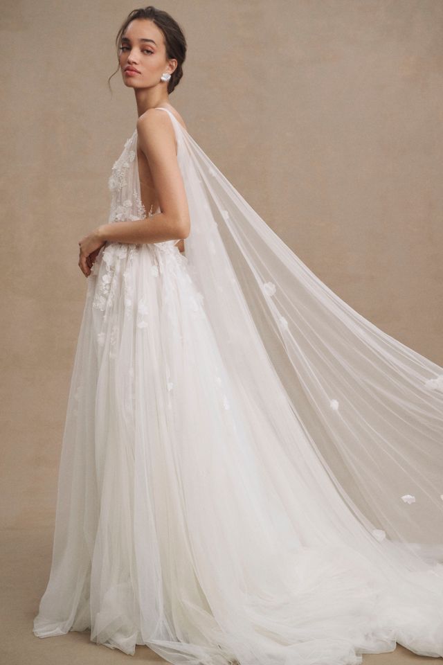 Watters Calia Plunge V-Neck Floral Tulle Ball-Skirt Wedding Gown #3