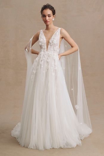 Watters Calia Plunge V-Neck Floral Tulle Ball-Skirt Wedding Gown