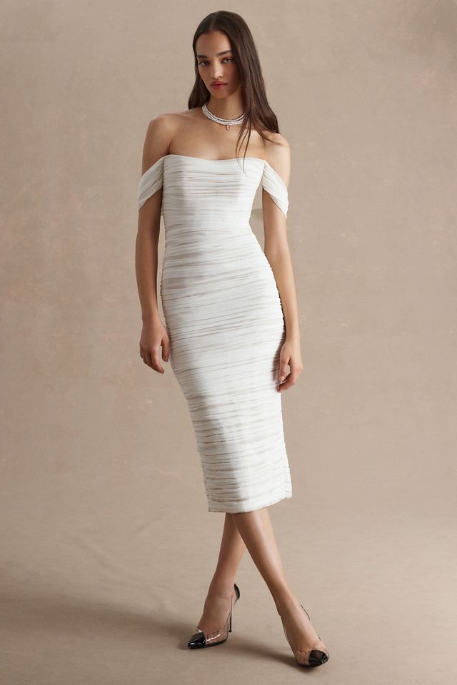 Watters Joanne Ruched Slim Off-The-Shoulder Midi Dress #1