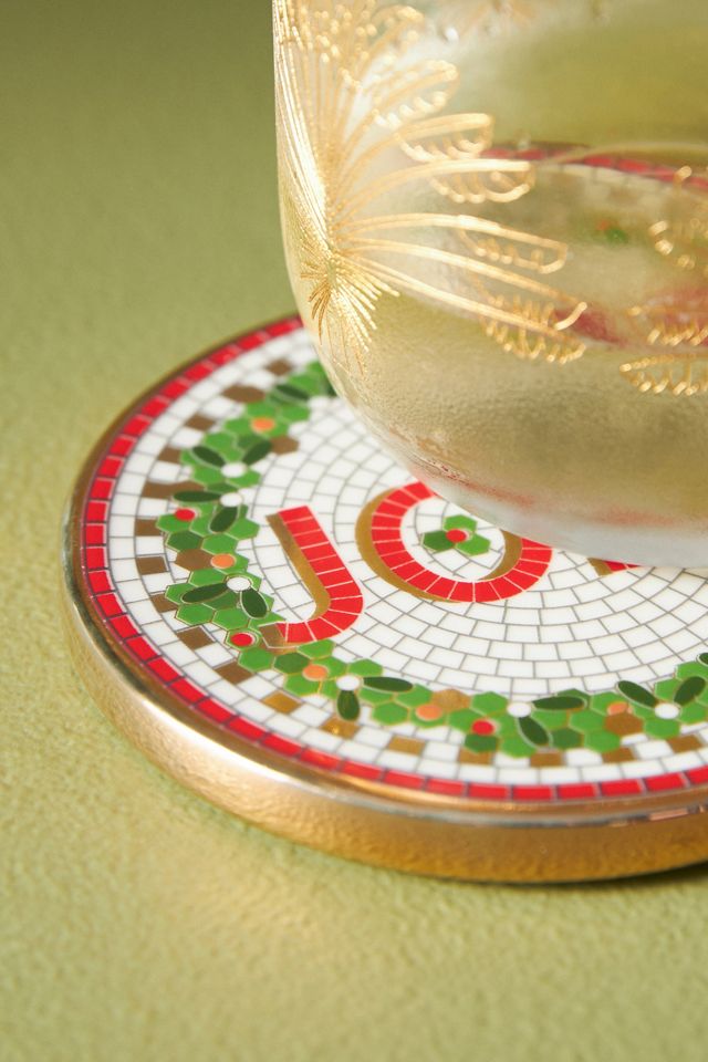 Bistro Tile Stoneware 24k Gold Accent Festive Coaster #2