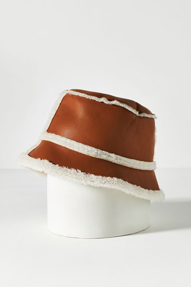 Anthropologie Black Faux-Leather Bucket Hat with Sherpa Trim By Anthropologie Sherpa-Trimmed Faux-Leather Bucket Hat  main image 3