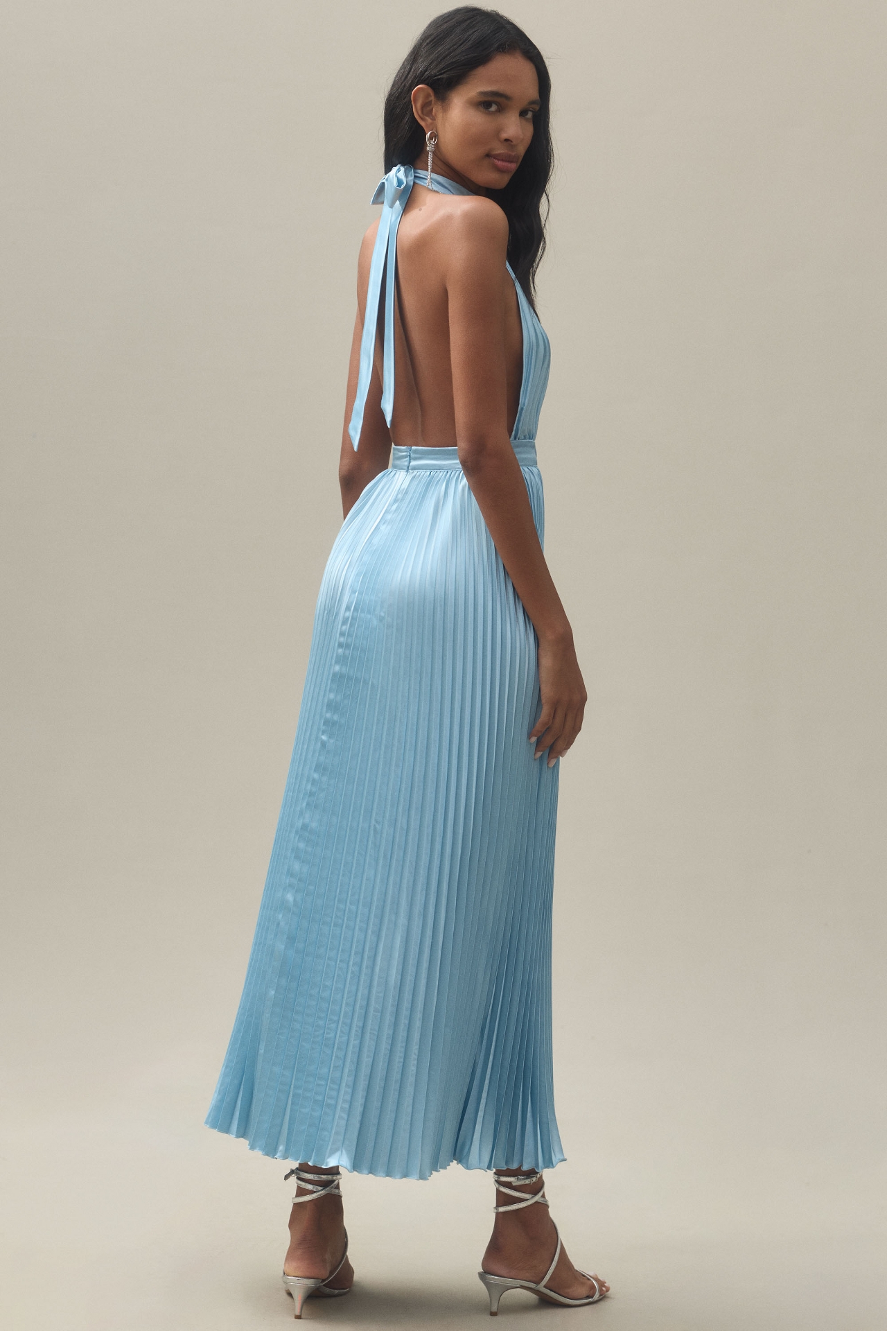 L'IDEE Renaissance Halter Side-Slit Pleated Maxi Dress