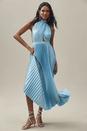 L'IDEE Renaissance Halter Side-Slit Pleated Maxi Dress