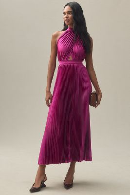 Shop L'idée L'idee Renaissance Halter Side-slit Pleated Maxi Dress In Multicolor
