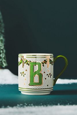 Bistro Tile Stoneware 24k Gold Accent Festive Monogram Mug