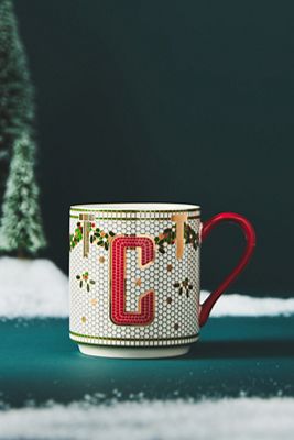 Bistro Tile Stoneware 24k Gold Accent Festive Monogram Mug