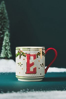 Bistro Tile Stoneware 24k Gold Accent Festive Monogram Mug