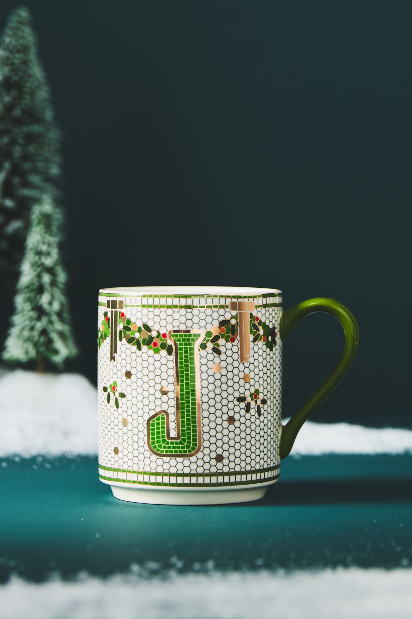 The Bistro Tile Stoneware Monogram Mug: Festive Edition - J, Standard, One Size