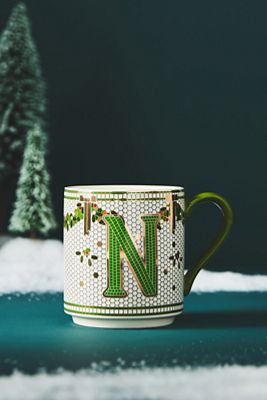 Bistro Tile Stoneware 24k Gold Accent Festive Monogram Mug