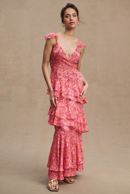 Hutch Miah Floral Tiered Ruffle Gown In Pink