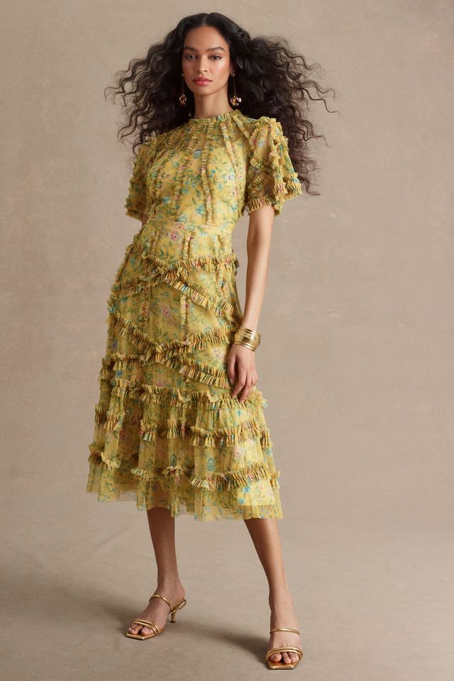Mac Duggal Floral Flutter-Sleeve Mesh Print Tea-Length Dress #1