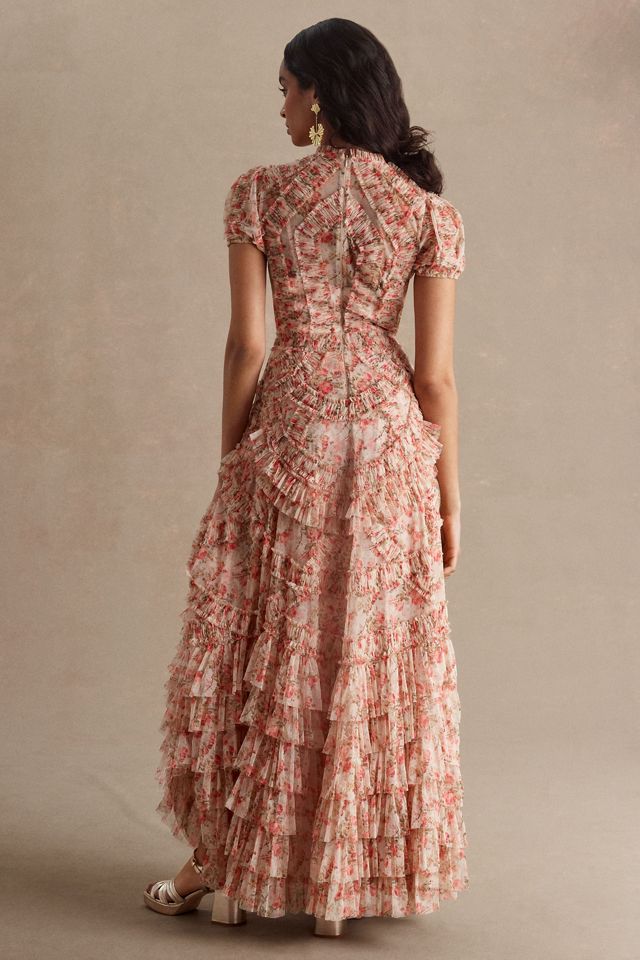 Mac Duggal High-Neck Puff-Sleeve Mesh Ruffle Gown #2