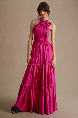 Shop Mac Duggal Tiered Ruffle Halter Gown In Pink