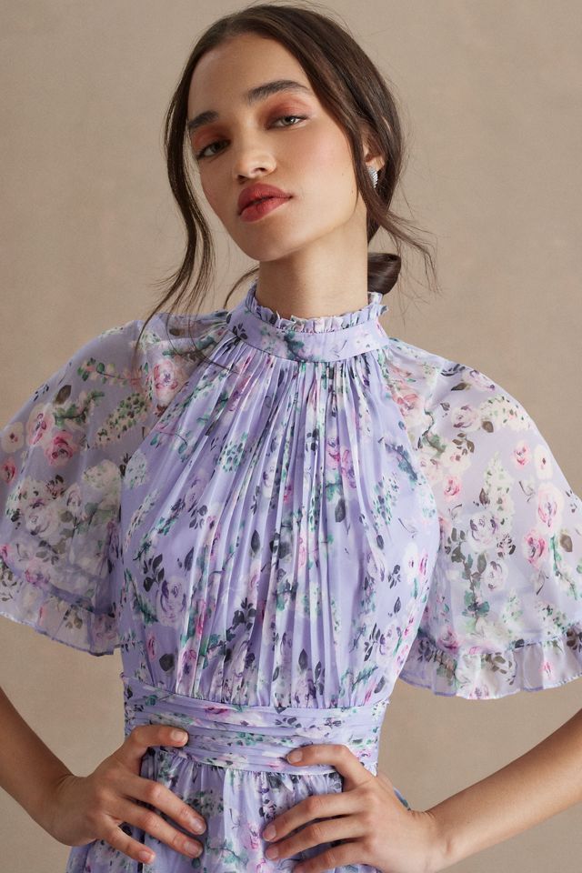 Mac Duggal Ruffled High-Neck Raglan-Sleeve Printed Chiffon Dress #1