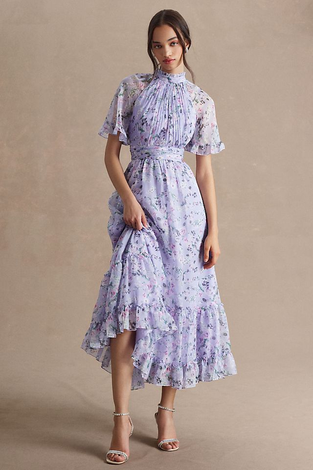 Mac Duggal Ruffled High-Neck Raglan-Sleeve Printed Chiffon Dress ...