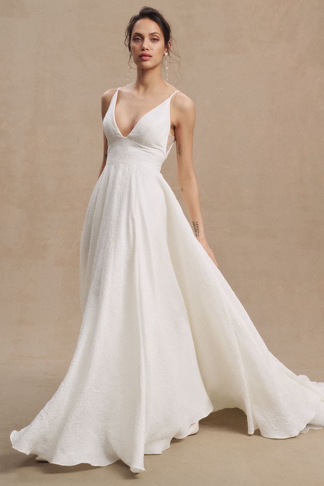 Jenny Yoo Persephone V-Neck A-Line Jacquard Wedding Gown | Anthropologie