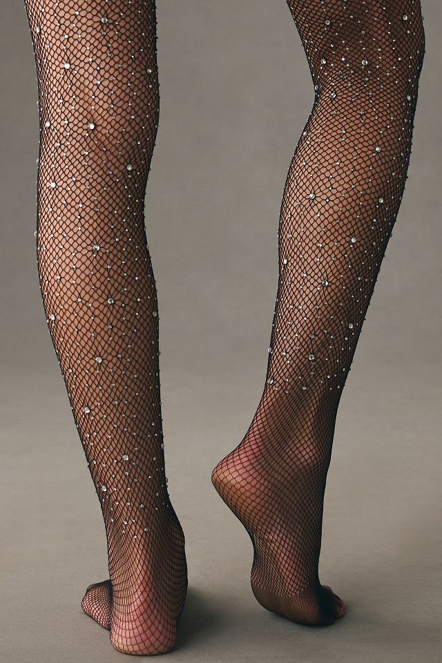 Fishnet Stocking (Rhinestone Sparkly Stockings), Black, 4-Way