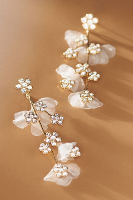 Twigs & Honey Crystal And Silk Petal Chandelier Earrings In White