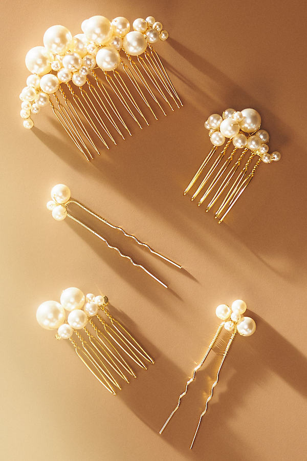 Twigs & Honey Pearl Bubbles Hair Combs And Pins, Set Of 5 In White