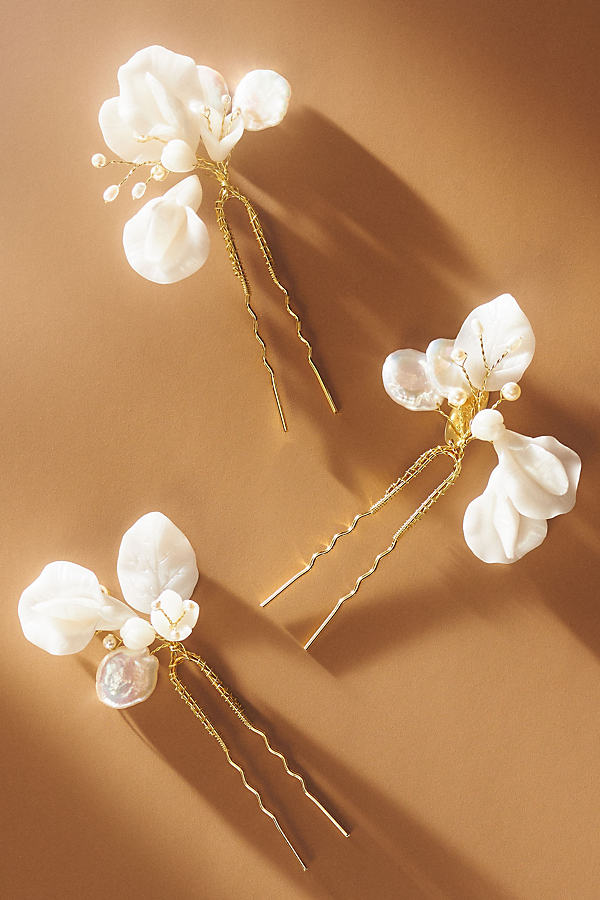 Twigs & Honey Pearlescent Sweet Pea Hair Pins, Set Of 3 In White