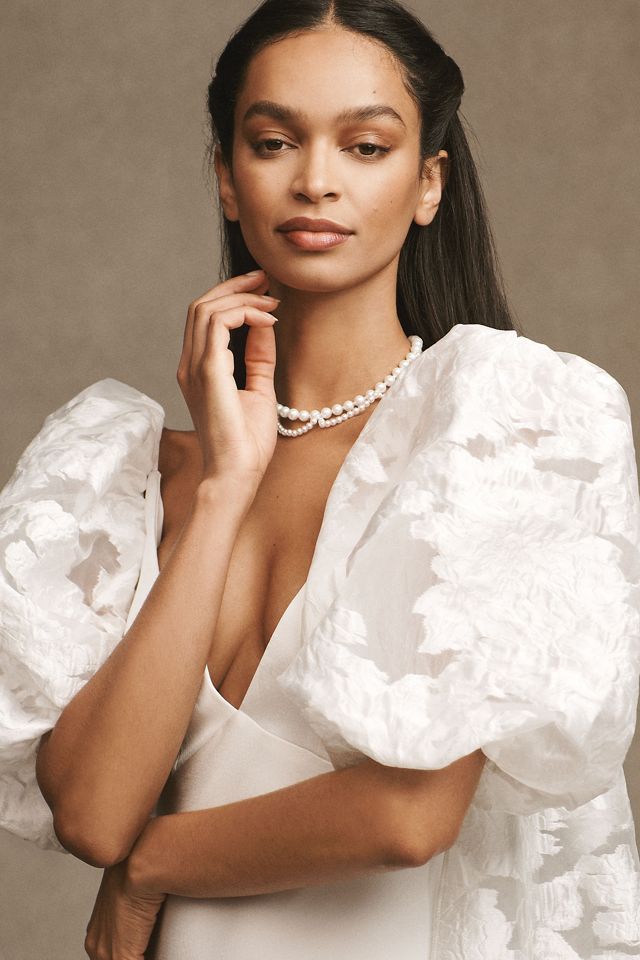 Society James Constance Puff-Sleeve Jacquard Bridal Cape