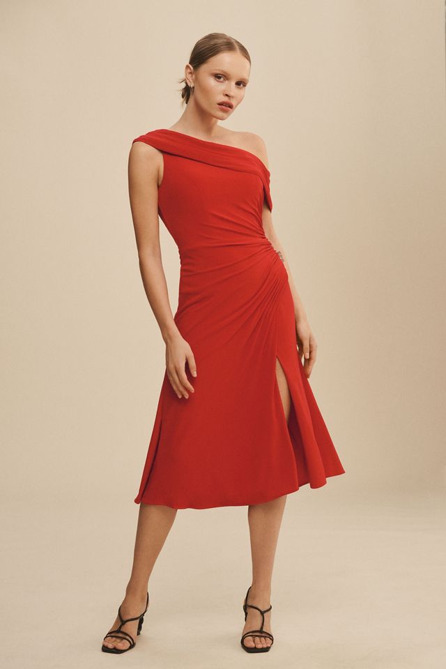 Ieena for Mac Duggal Ruched Off-The-Shoulder Midi Dress