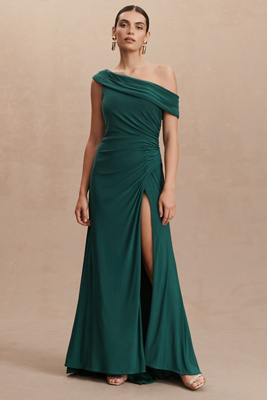 Mac Duggal One-shoulder Side-slit Column Gown In Green