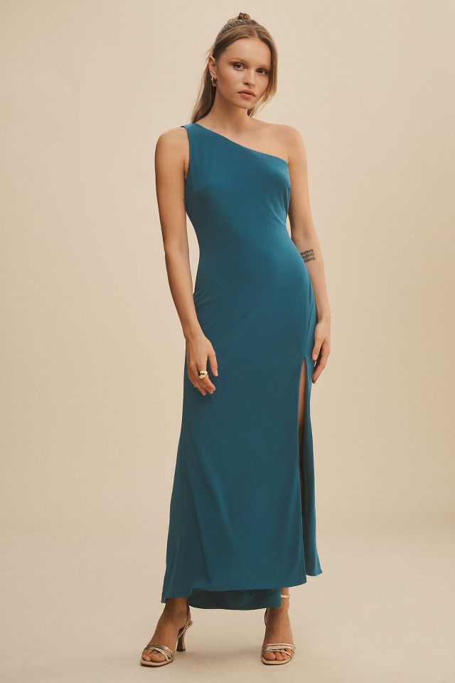 Mac Duggal Draped Jersey One-Shoulder Side-Slit Column Dress