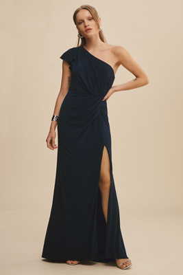 Mac Duggal One-shoulder Jersey A-line Gown In Blue