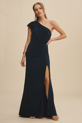 Mac Duggal Ruffled One-shoulder Draped Column Gown In Blue