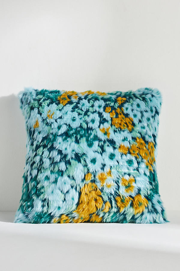 Anthropologie Faux Fur Floral Pillow In Green