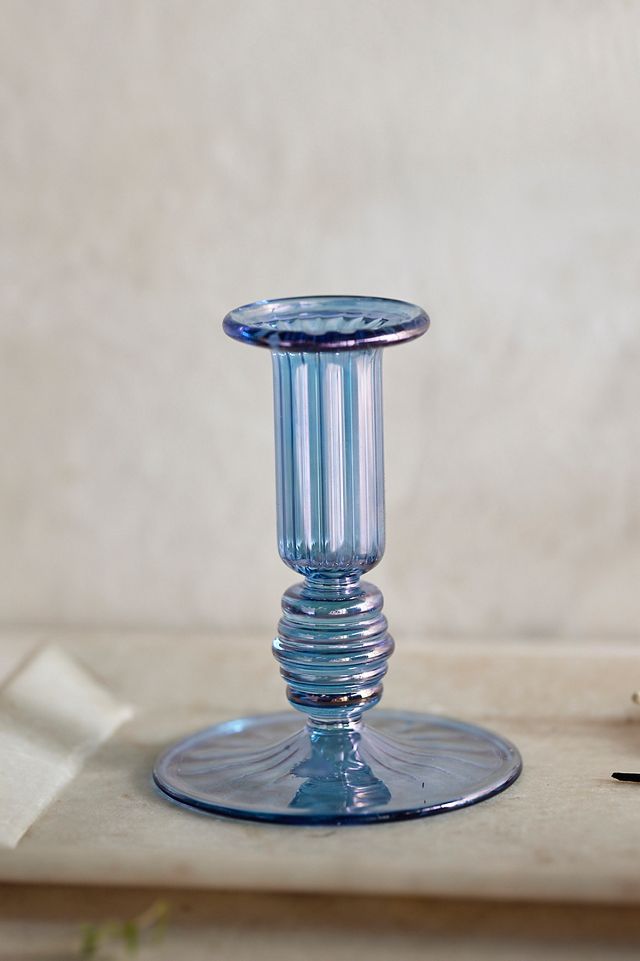 Blue Ridged Glass Taper Candle Holder #1