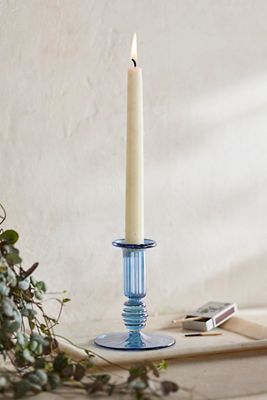 Blue Ridged Glass Taper Candle Holder