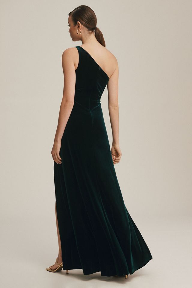 Jenny Yoo Cybill One-Shoulder Side-Slit Stretch Velvet Gown #2