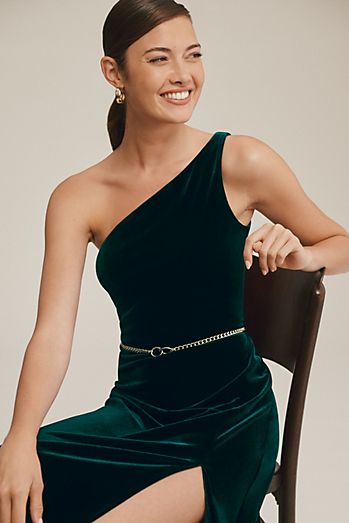 Jenny Yoo Cybill One-Shoulder Side-Slit Stretch Velvet Gown