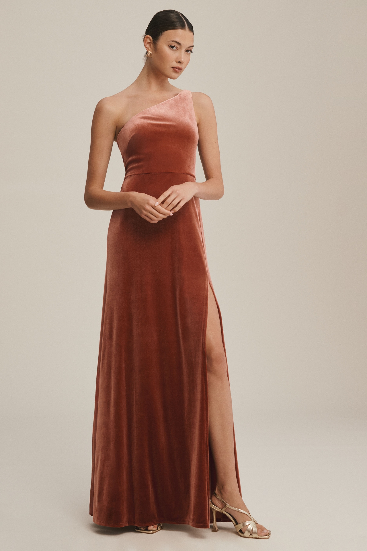 Jenny Yoo Cybill One-Shoulder Side-Slit Stretch Velvet Gown